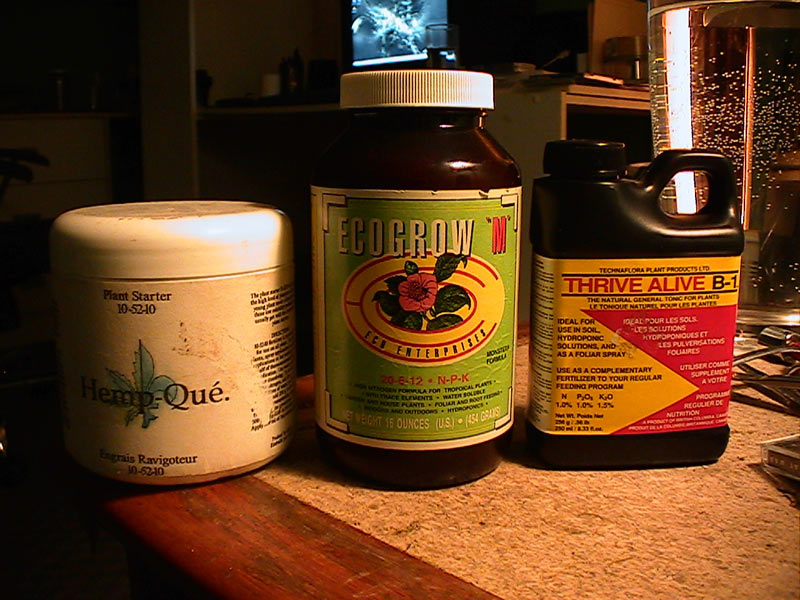 This is the food I give to my plants during the vegetative stage, at the begining I gave some plant starter from Hemp Quebec (10-52-10), and the water is supplement with some Thrive Alive B-1 from Technaflora, which is a natural general tonic/kelp for plants which contains a blend of seaweed species found off the canadian west coasts