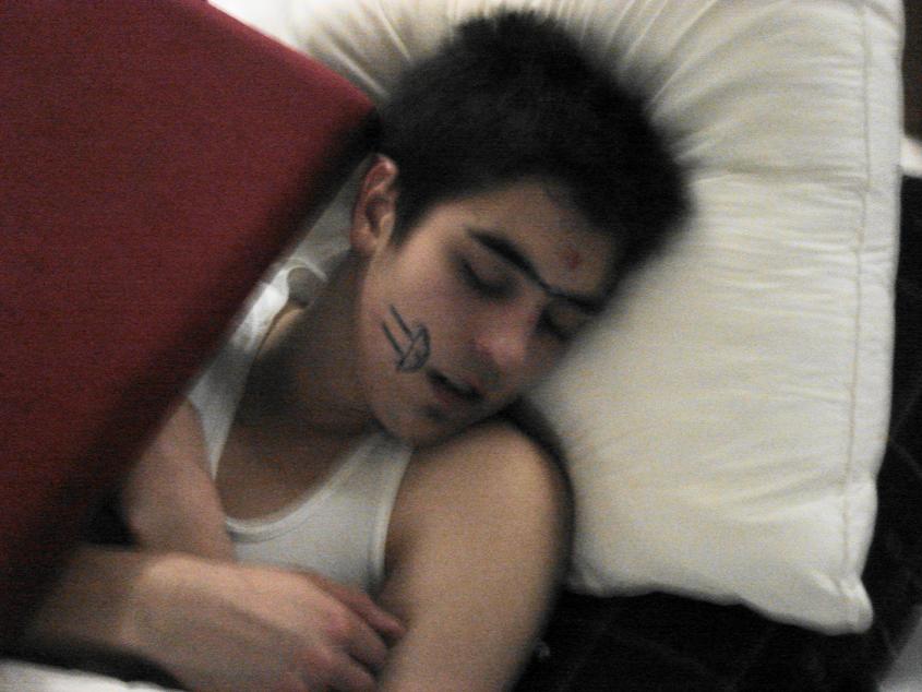 when partying with friends ALWAYS remember NOT to fall asleep first he woke up with a dick on his face a paki dot and a unibrow =)