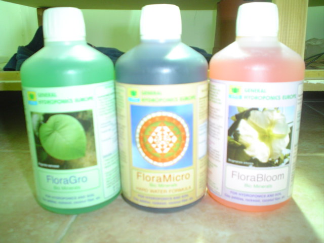 This shit works, starting from left to right...floragro npk 2-1-7.floramicro npk 4-0-2.. florabloom npk 0-5-4..
give them half strength every other watering...