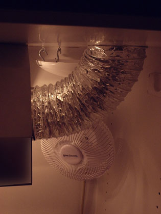 Fan hanging from shelf.
